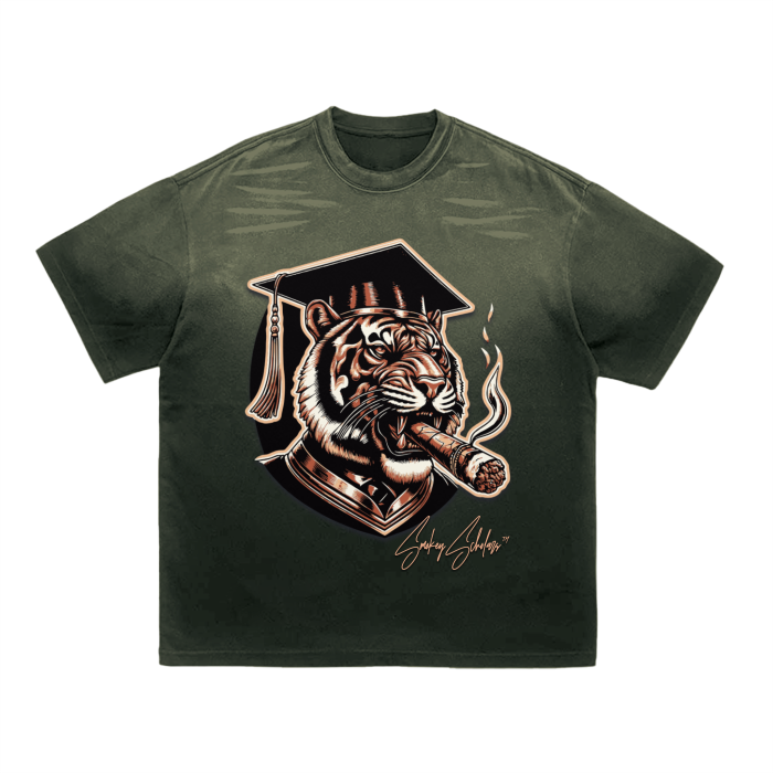 Vintage Washed Tiger Stripes Dyed Gradient T-Shirt - 250 GSM - Smokey Scholars