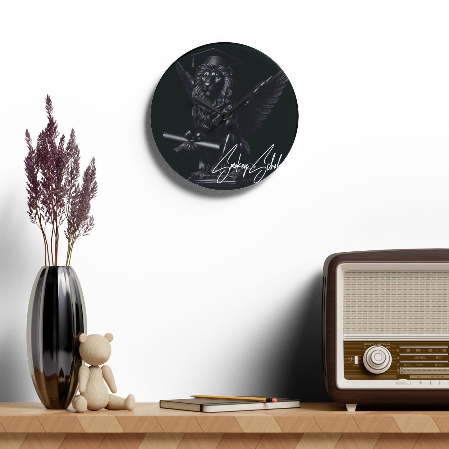 Smokey Scholars Blk Lion Statue Acrylic Wall Clock - Smokey Scholars