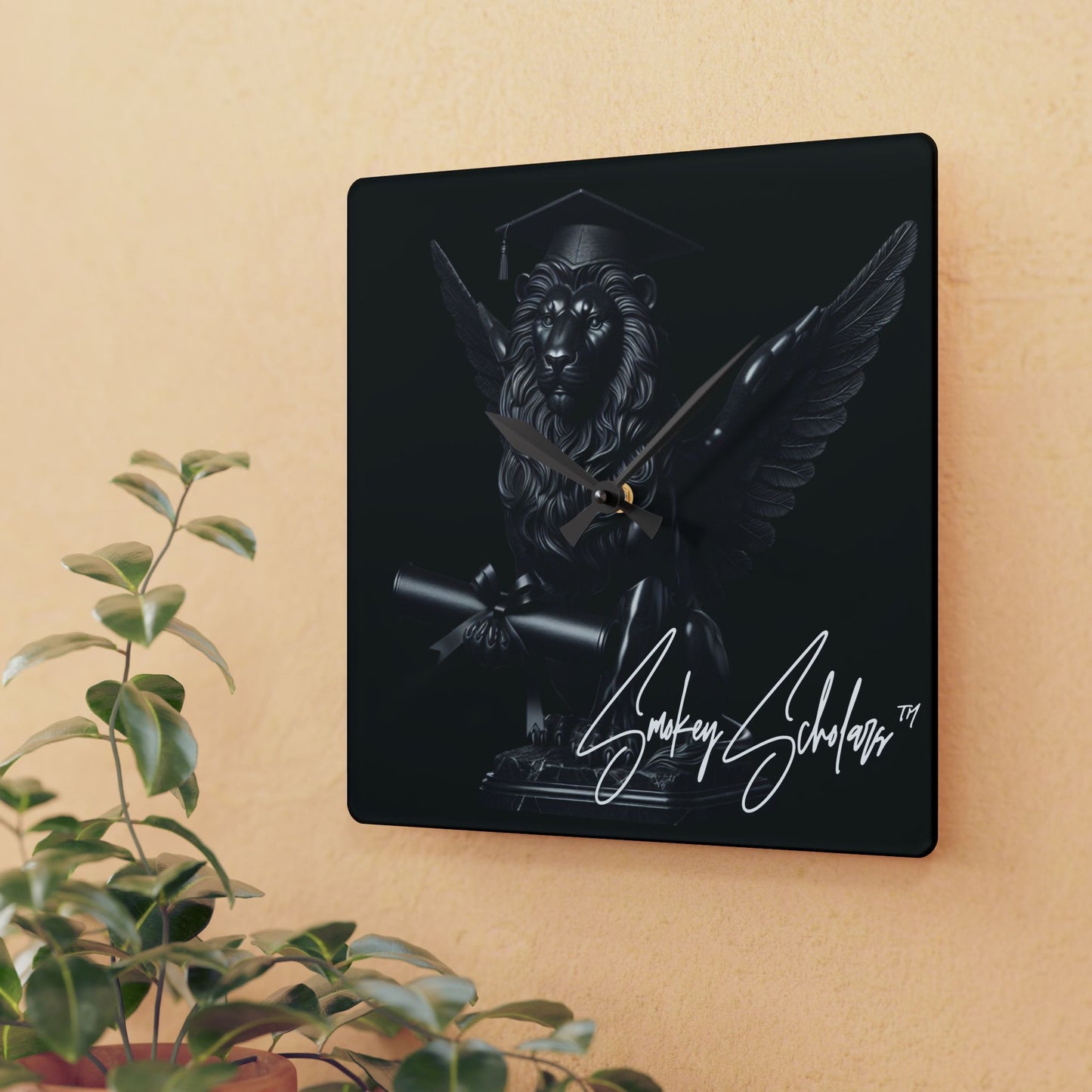 Smokey Scholars Blk Lion Statue Acrylic Wall Clock - Smokey Scholars