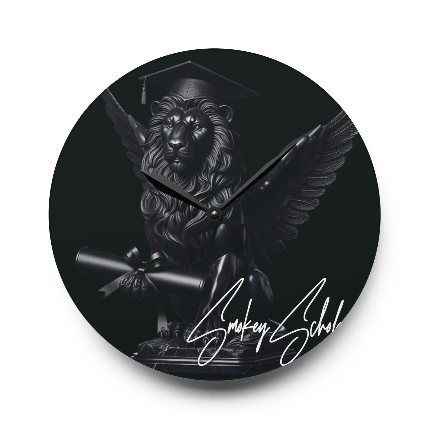 Smokey Scholars Blk Lion Statue Acrylic Wall Clock - Smokey Scholars