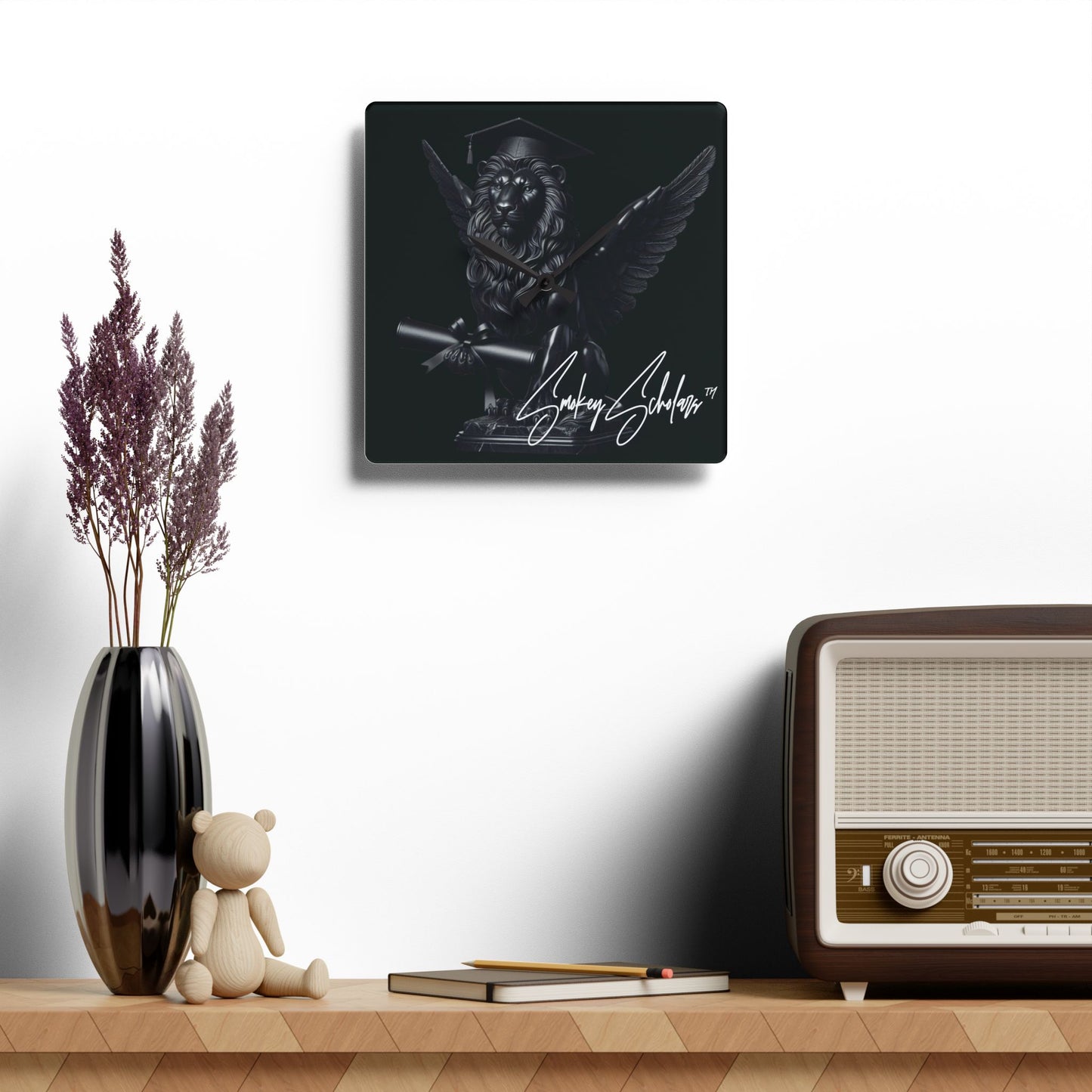 Smokey Scholars Blk Lion Statue Acrylic Wall Clock - Smokey Scholars
