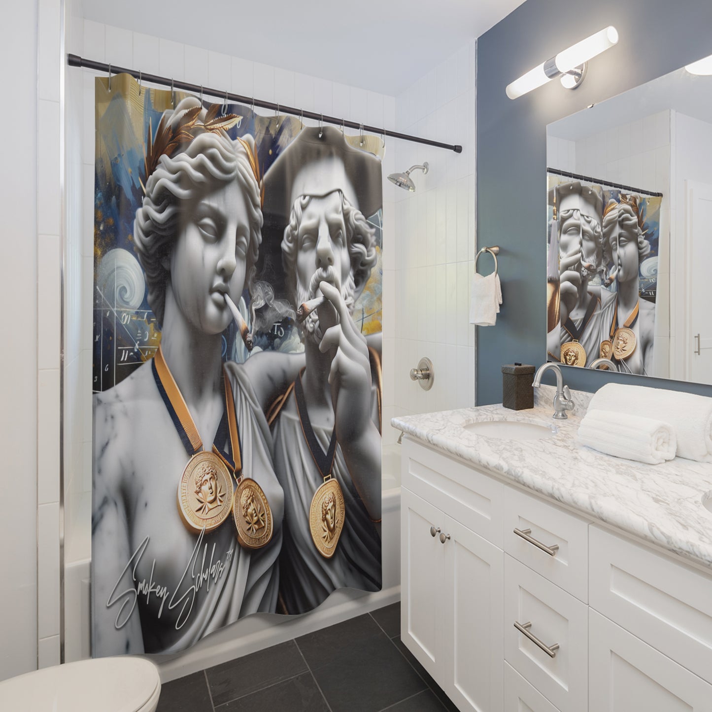 Smokey Scholars Couple Statue Shower Curtains - Smokey Scholars