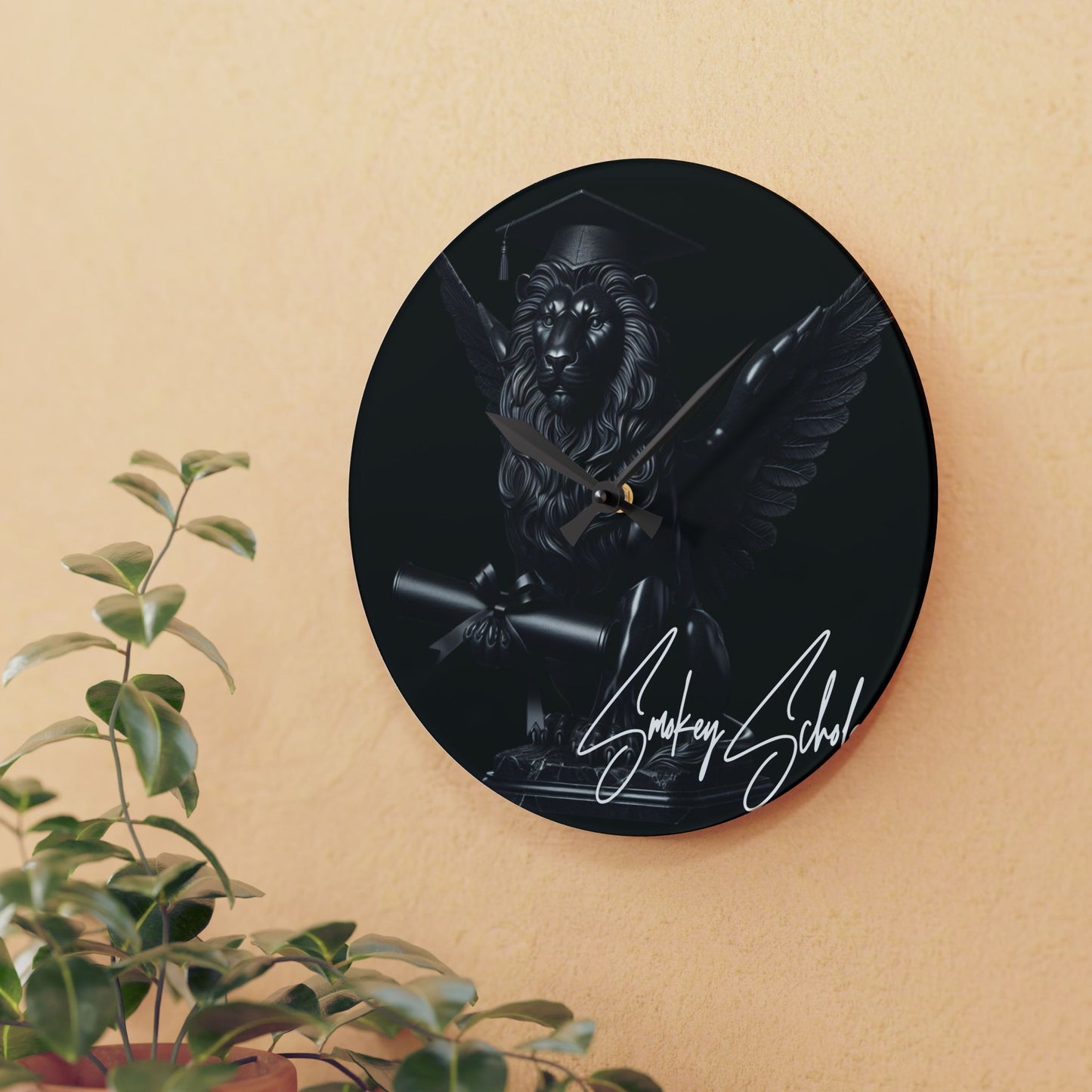 Smokey Scholars Blk Lion Statue Acrylic Wall Clock - Smokey Scholars