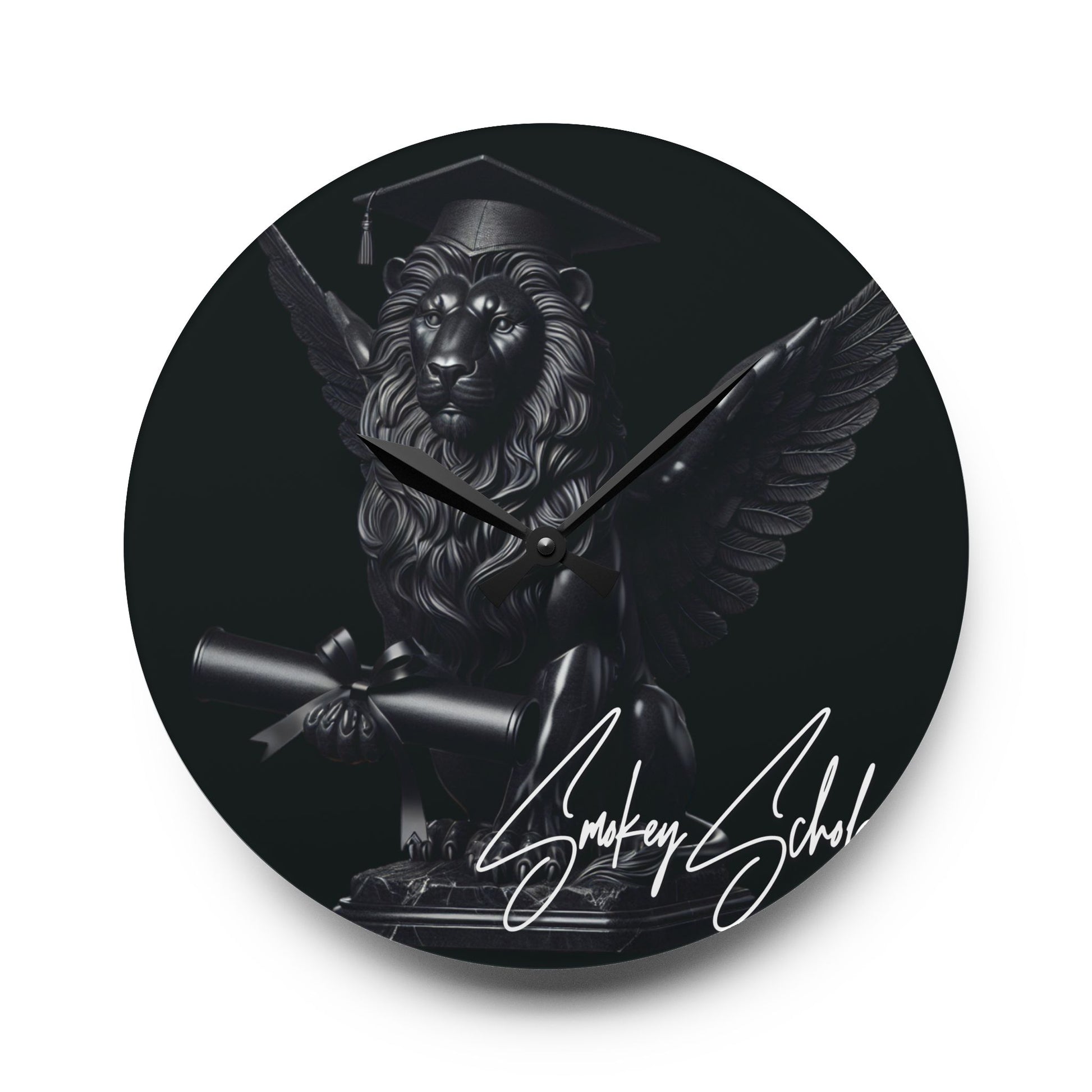 Smokey Scholars Blk Lion Statue Acrylic Wall Clock - Smokey Scholars