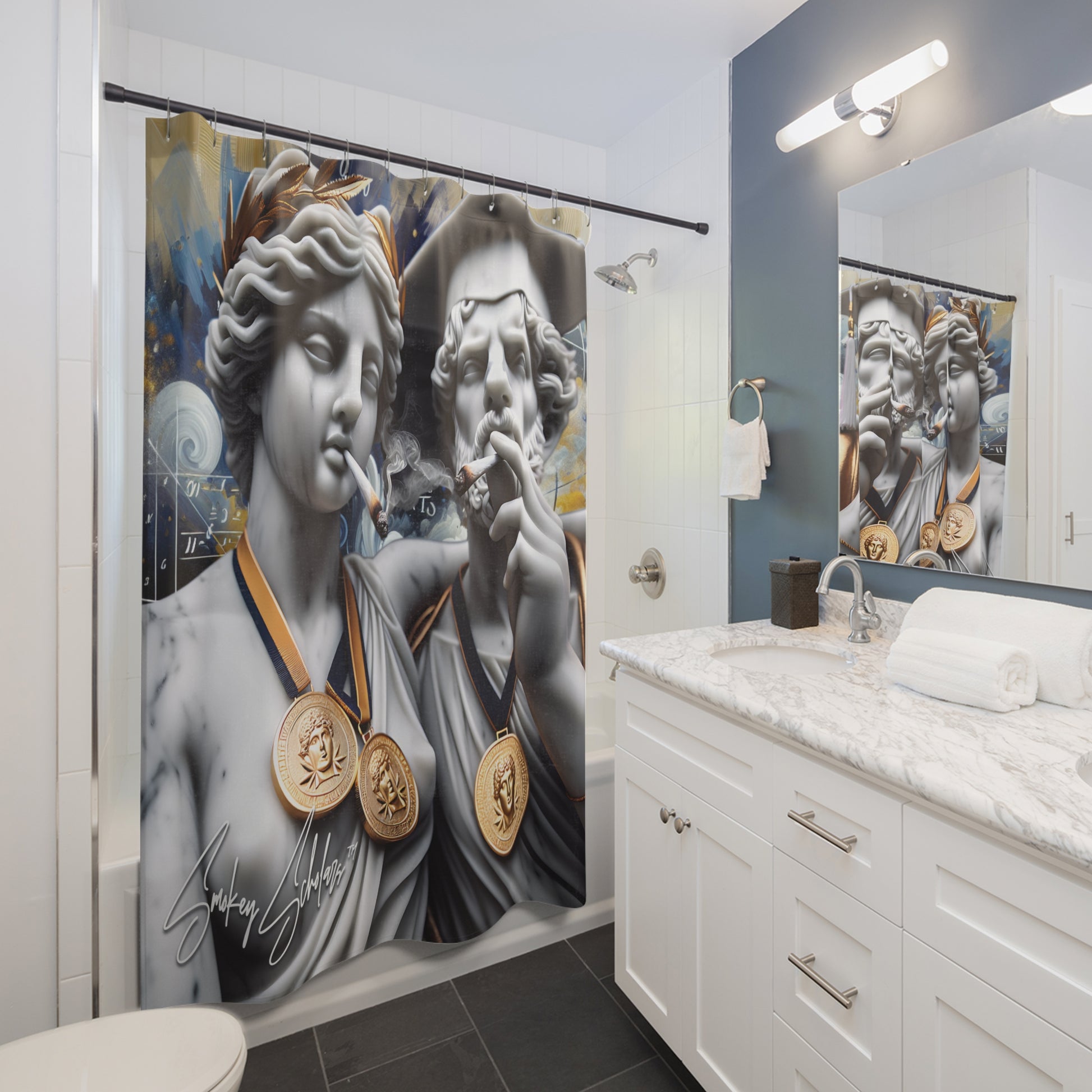 Smokey Scholars Couple Statue Shower Curtains - Smokey Scholars