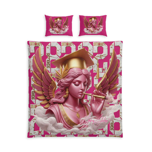 Pink Angel Graduate Cotton Bed Set — Gold Trim Angel Smoking Golden Blunt