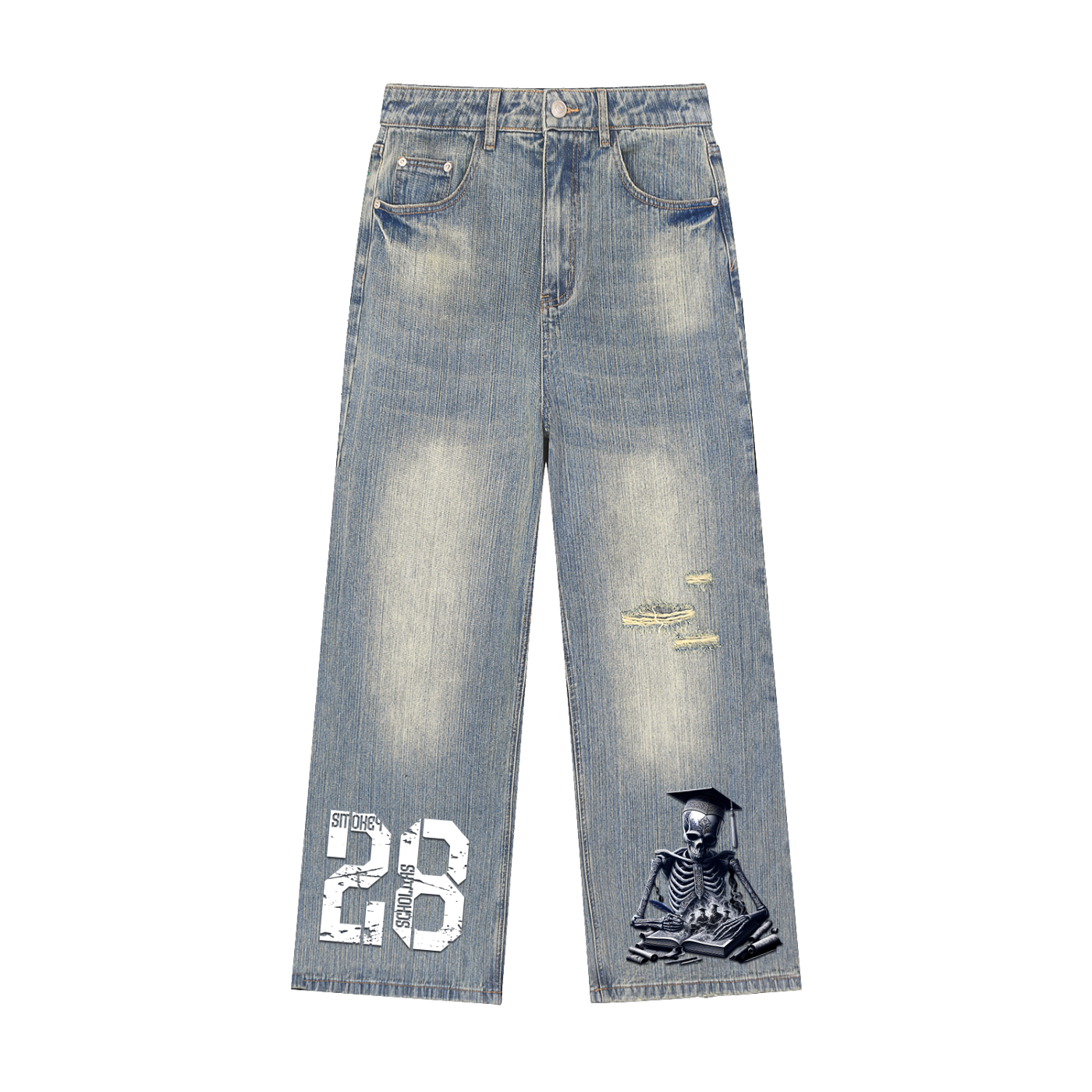 Smokey Scholars TM Blue Skele Vintage Wash Distressed Denim Jeans