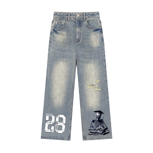 Smokey Scholars TM Blue Skele Vintage Wash Distressed Denim Jeans